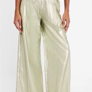 THE GREAT. Metallic Pale Green Wide-Leg Pants